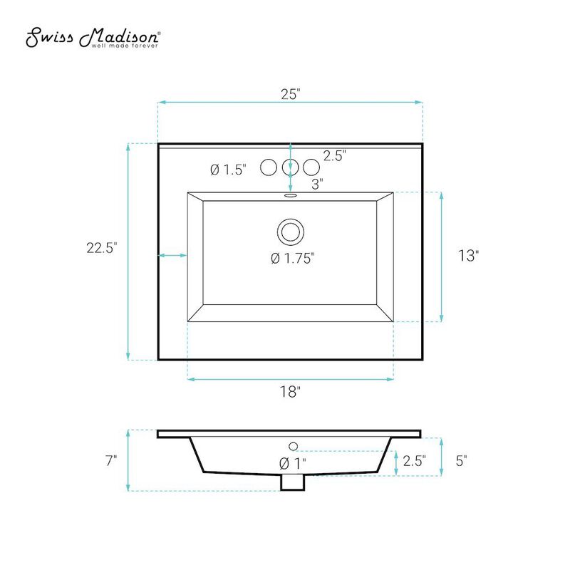 Voltaire 25 Vanity Top Sink with 3 Centerset Faucet Holes image number 3