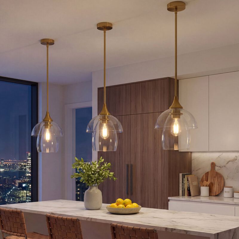 Gold Pendant Light with Tiered Clear Glass Shade, Adjustable Height image number 5