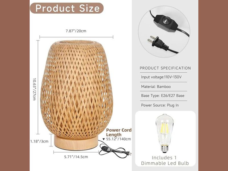 Boho Rattan Table Lamp Stepless Dimmable Wicker Wooden Bedside Lamp image number 2