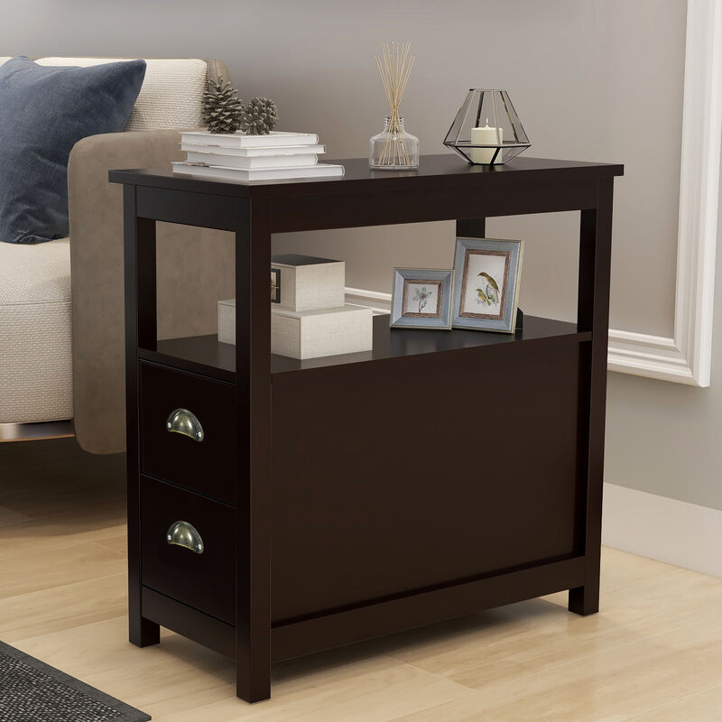 23.62 in. W. Dark Brown 24.02 in. H. Rectangle Wood End Table with 2-Drawer