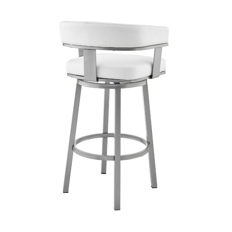 Swivel Counter Barstool with Curved Open Back and Metal Legs, Silver and White-Benzara image number 4