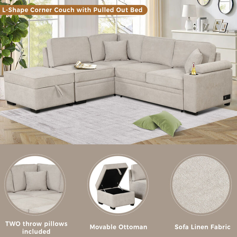 87.4" Sleeper Sofa Bed, 2 in 1 Pull Out sofa bed L SHAPED Couch with Storage Ottoman for Living Room, Bedroom Couch and Small Apartment, Beige