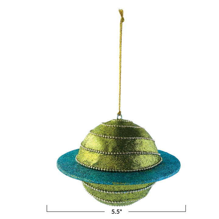 Round Plastic Planet Ornament with Beads and Glitter, Multicolor