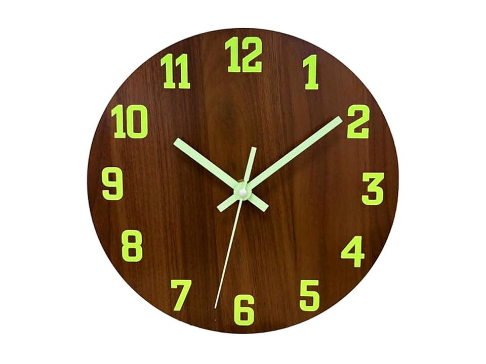 Glow In The Dark Night Light Brown Wall Clock 8 Inch Silent Non Ticking Modern