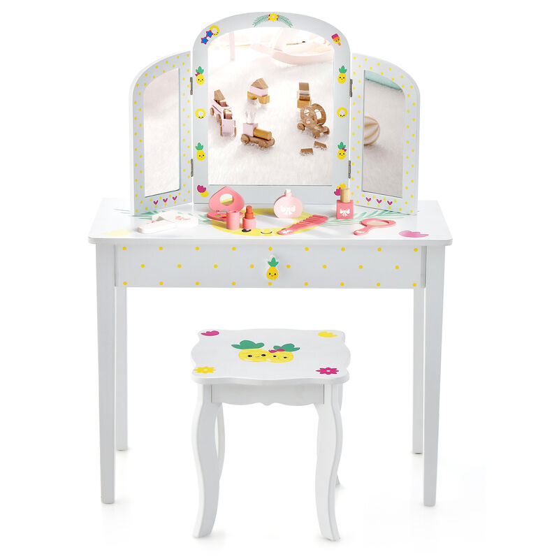 Kids Vanity Table Set with Tri-Folding Mirror and Large Drawer-White