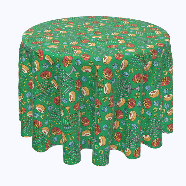 Fabric Textile Products, Inc. Round Tablecloth, 100% Polyester, Dreidels, Donuts and Decorations