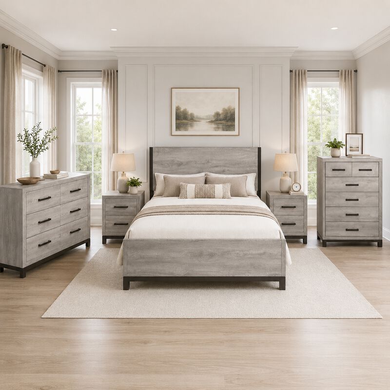Queen Bedroom Set, Gray Wood, 5 Piece Set with 2 Nightstands, Dresser, and Chest image number 8