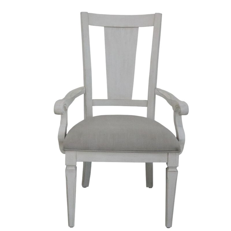 HomeRoots Set of Two Light Gray and White Upholstered Linen And Solid Wood Open Back Dining Arm Chairs image number 2