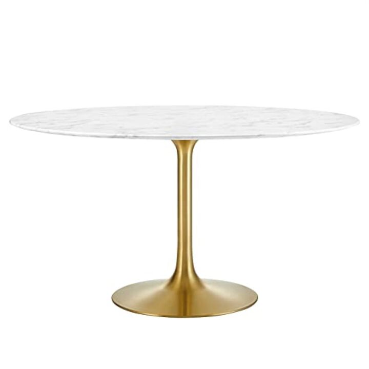 Modway Lippa 54" Mid-Century Dining Table with Round Artificial Marble Top in Gold White