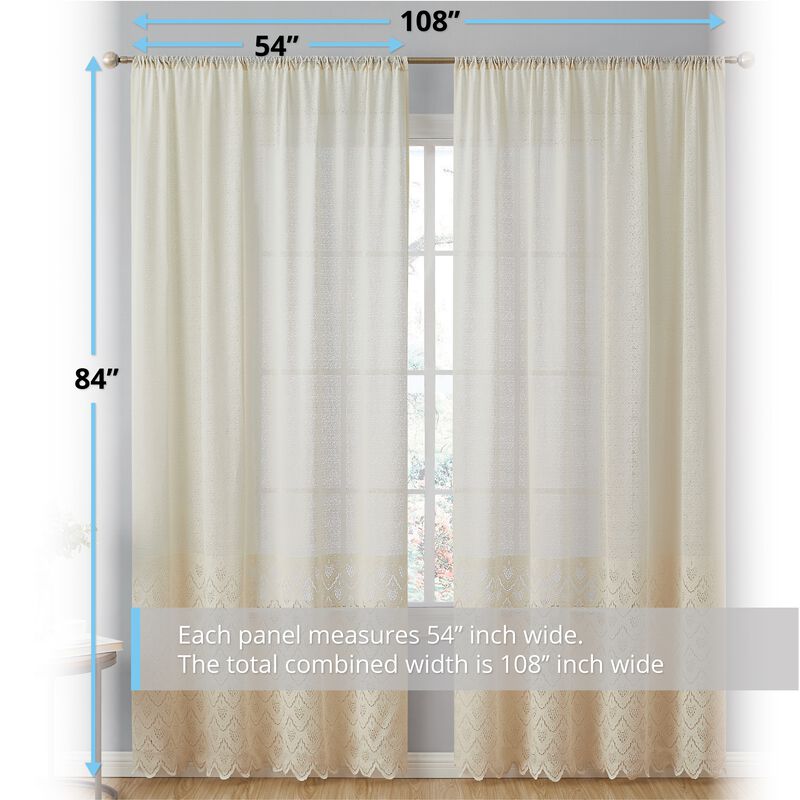 THD Mona Decorative Macrame Lace Thick Semi Sheer Rod Pocket Light Filtering Window Treatment Coverings Curtain Drapery Panels for Bedroom & Living Room - Set of 2