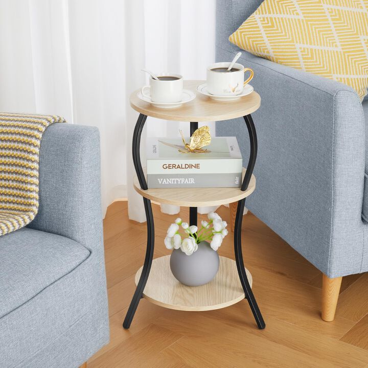Vintage Small Round Side Table, 3-Tier Slim Waist Circular End Table with Storage Shelf, Compact Tea Sofa Side Table, Round Corn