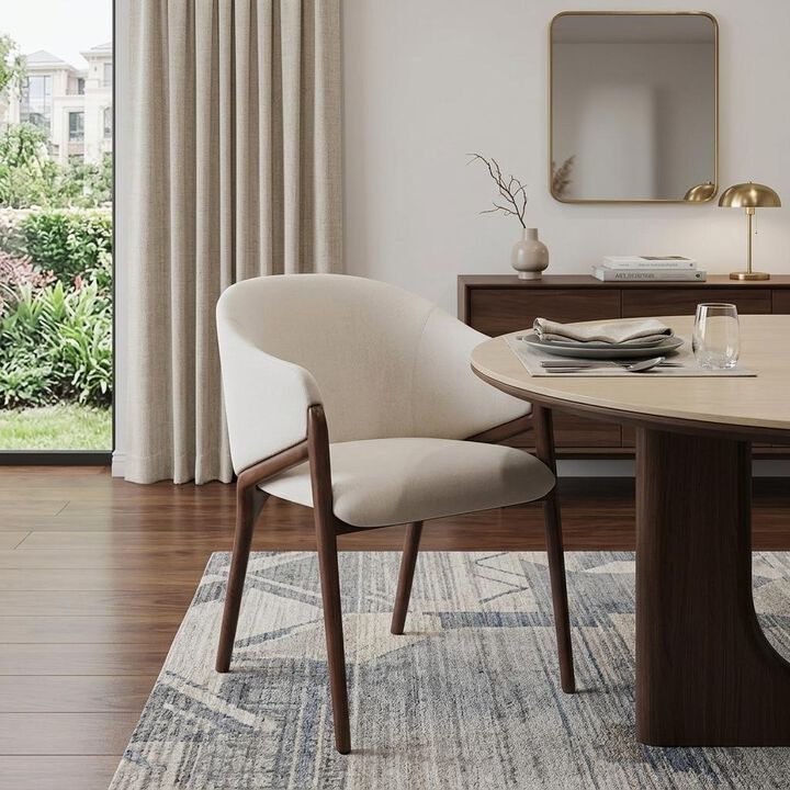 HomeRoots Cream And Brown Upholstered Fabric Wing Back Dining Arm Chair