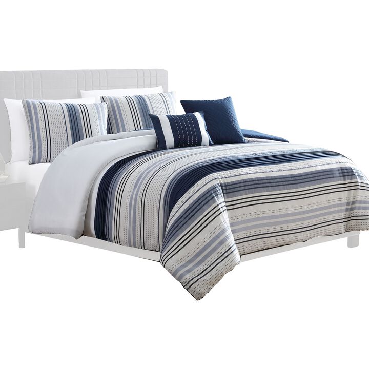 Alfa 5 Piece King Comforter Set, Jacquard Woven Stripes, Blue, White - Benzara