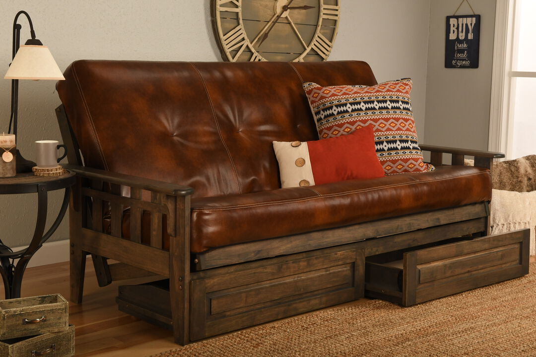 Tucson Futon in Rustic Walnut Finish with Storage Drawers and Saddle Brown Mattress