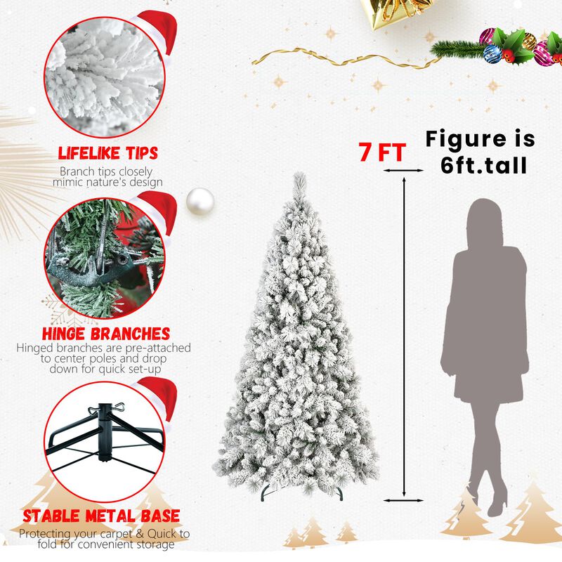 7 ft. Flocked Christmas Tree PVC Hard Needle Hinged 1060 Tips with Metal Stand Full Holiday Decoration