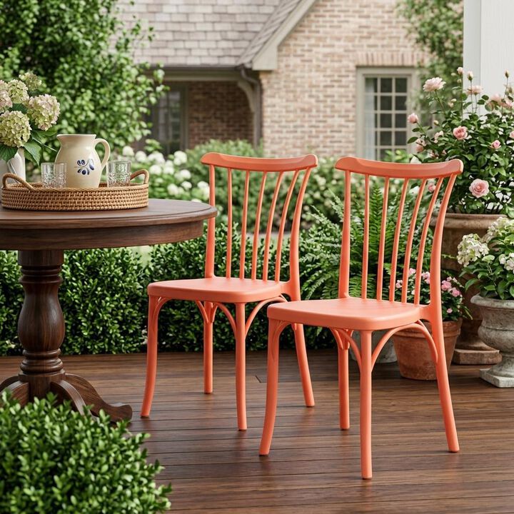 HomeRoots Set of Two Salmon Heavy Duty Plastic Outdoor Stacking Dining Chairs