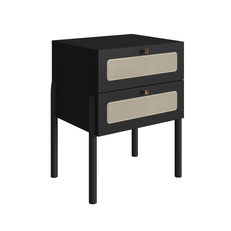 Boho Nightstand  End Table Storage Wood Leg Rattan 2 Drawer -Nero Black