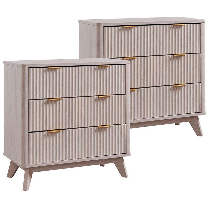 Fluted 3-Drawer Oversized Nightstand Set, Faux Marble Top, Curved Modern Side Table