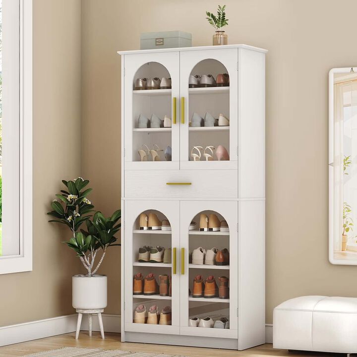 Shoe Rack Cabinet with 7 Tiers, LED Light Strip and Adjustable Storage Shelves-White