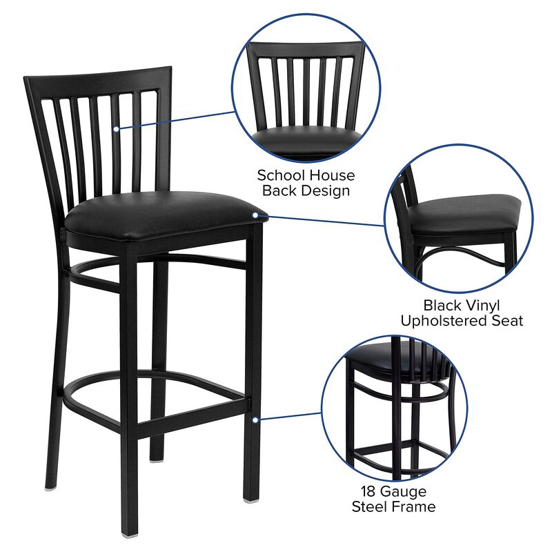 Flash Furniture HERCULES Series Black School House Back Metal Restaurant Barstool - Black Vinyl Seat image number 2