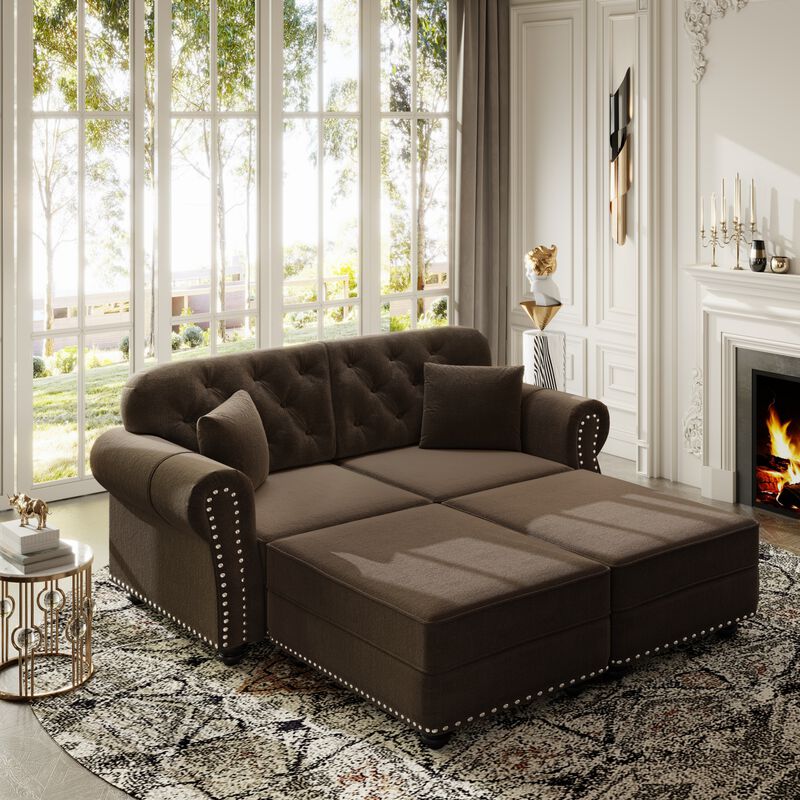 Whisen 2 Seat Velvet Upholstered Sofa with 2 Ottomans, Nailhead Trim, Mid-Century Modern, for Living Room image number 3