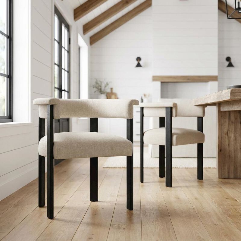 Fabric Upholstered Barrel Dining Chairs, Heathered Weave Ivory Black, Set of 2 image number 4