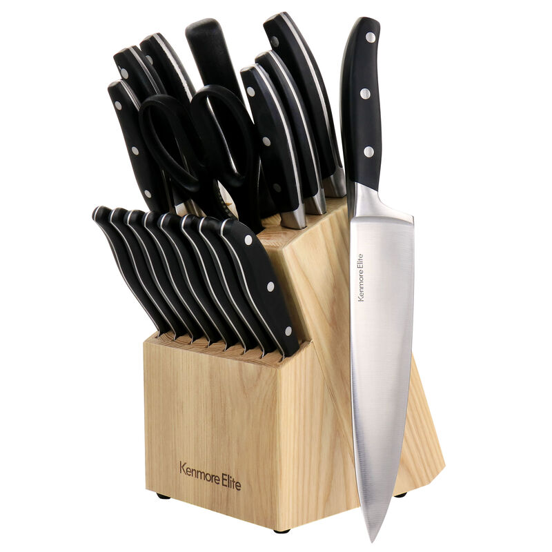 Kenmore Elite 18 Piece Stainless Steel Cutlery and Wood Block Set in Black image number 1