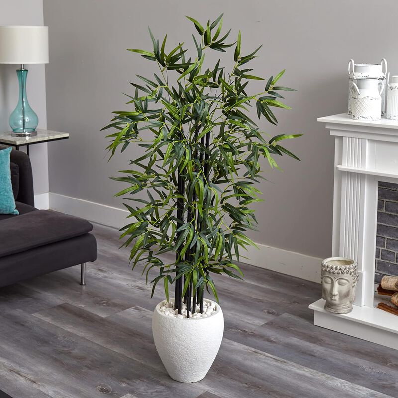 Hivvago 5 Feet Black Bamboo Tree in White Oval Planter