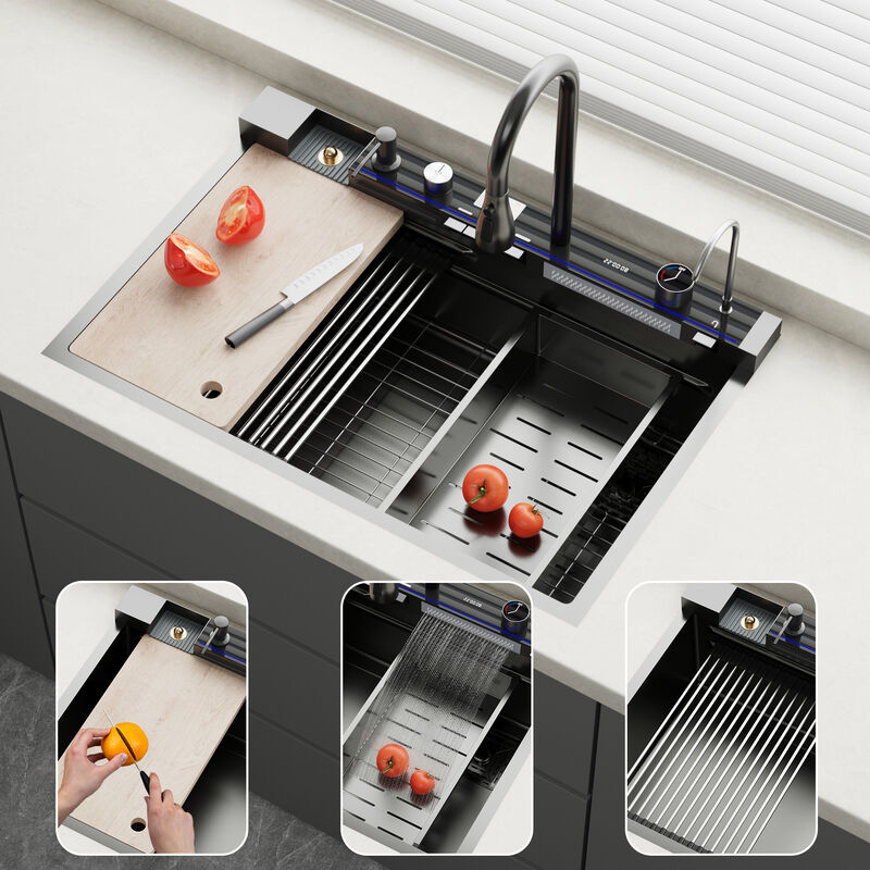 FUFU&GAGA PVD 304 Stainless Steel Kitchen Sink with Cutting Board, Drain Rack, and Smart Faucet,(33.1" W x 22" D x 24.6" H),Black