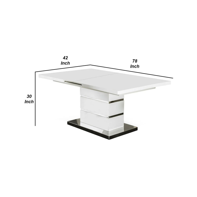Extendable Dining Table with Metal Base, White and Silver - Benzara