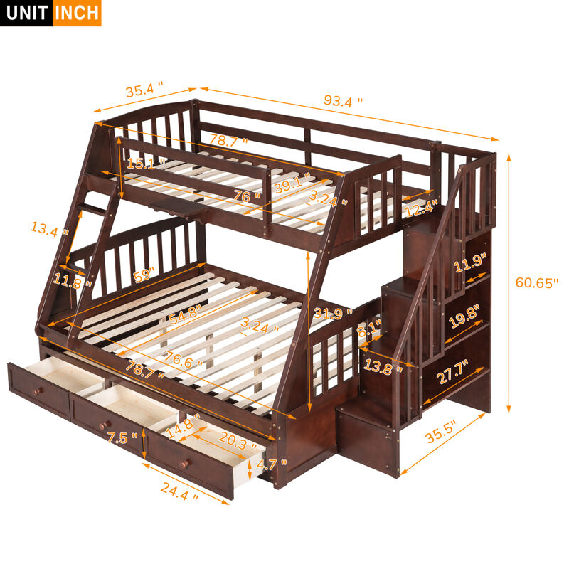 Twin-Over-Full Bunk Bed With Drawers, Ladder And Storage Staircase