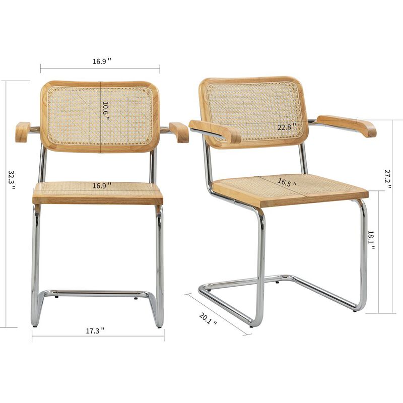 Glamour Home Set of 2 Barnard Natural Wooden Dining Chair with Rattan Back and Chrome Legs