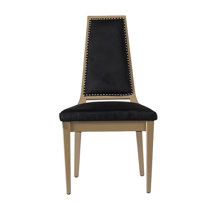 23 Inch Side Dining Chair, Black Soft Velvet Upholstery, Beige Rubberwood - Benzara