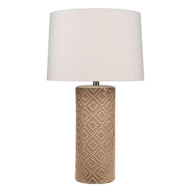 Ceramic Table Lamp with Diamond Pattern, White and Beige-Benzara