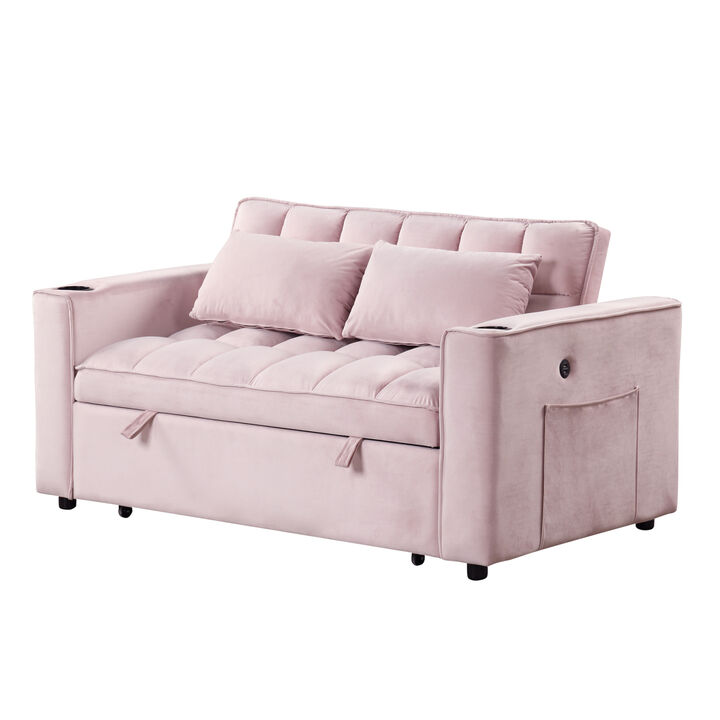 55.3" 41 Multifunctional Sofa Bed with Cup Holder and USB Port for Living Room or Apartments Pink