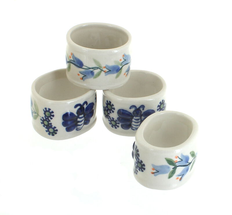 Blue Rose Polish Pottery Sage Floral Napkin Ring Set