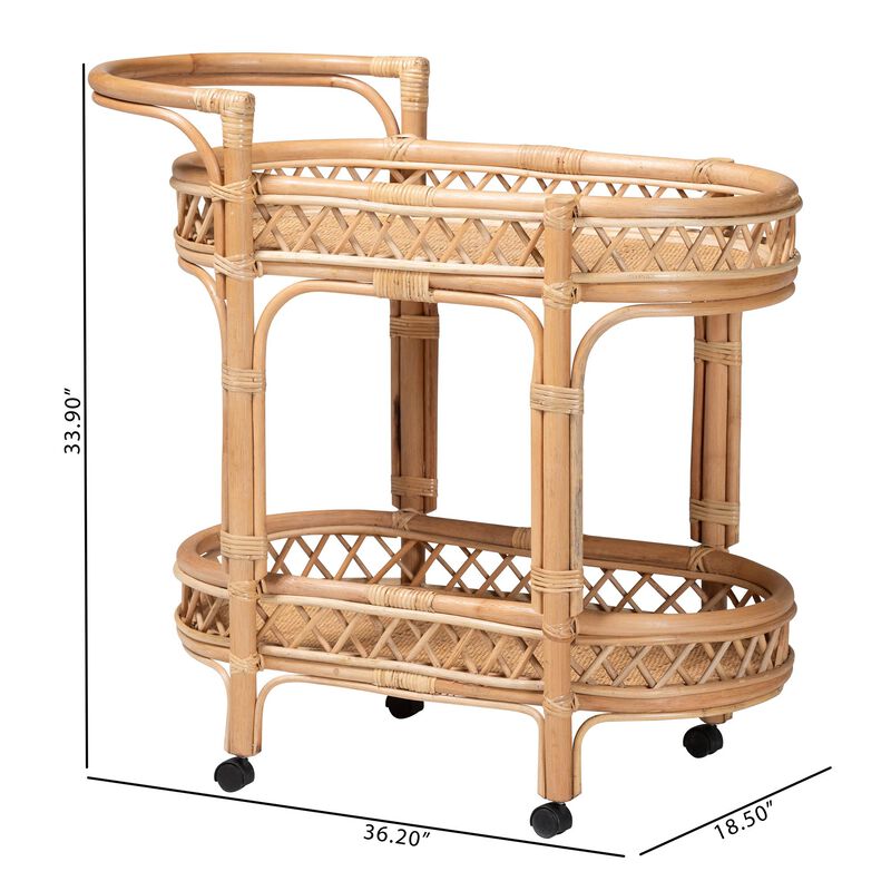 bali & pari Raul Natural Rattan Kitchen Cart - 2-Tier Handwoven Wicker Storage Trolley with Handle for Kitchen or Lounge image number 8
