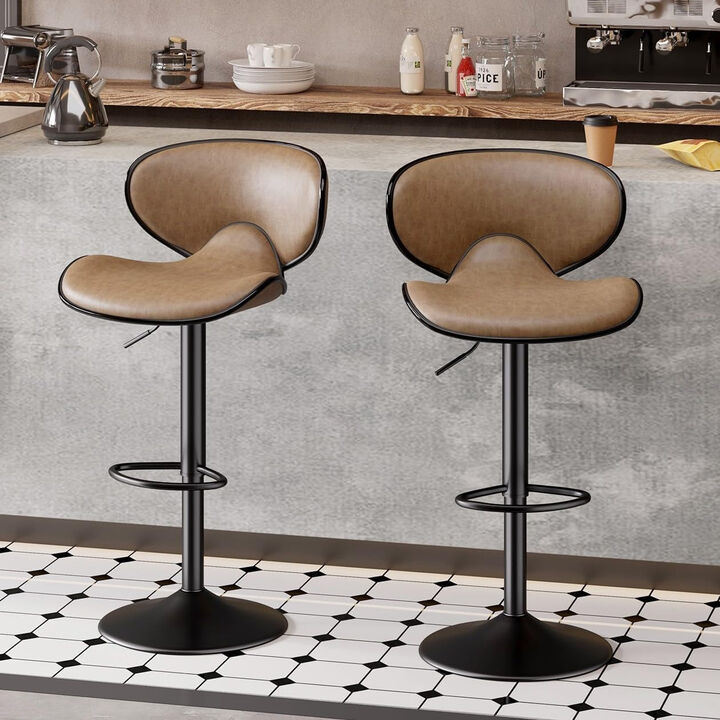 Leather Swivel Bar Stools Set of 2, Water Resistant Adjustable Counter Height Stools with Thickened Seat & Iron Frame, 360&deg; Kitchen Island Chairs for Home