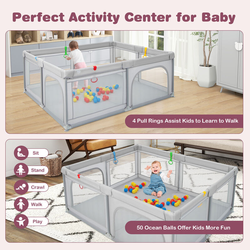 Portable Baby Playpen Large Play Yard with 50 Ocean Balls and 4 Pull Rings-Light Grey