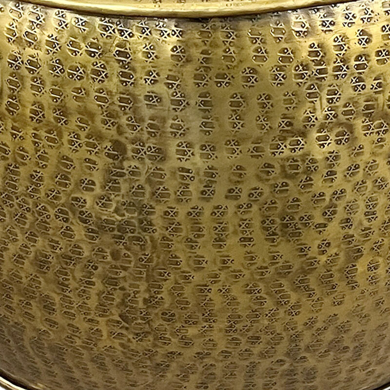 Nala 23 Inch Coffee Table, Low Round Drum Shape with Unique Hollow Center, Antique Brass Aluminum