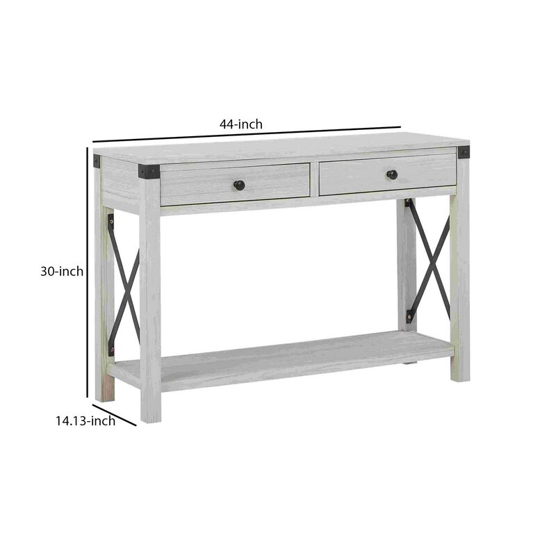 Sofa Table with X Metal Accent and 2 Drawers, White-Benzara
