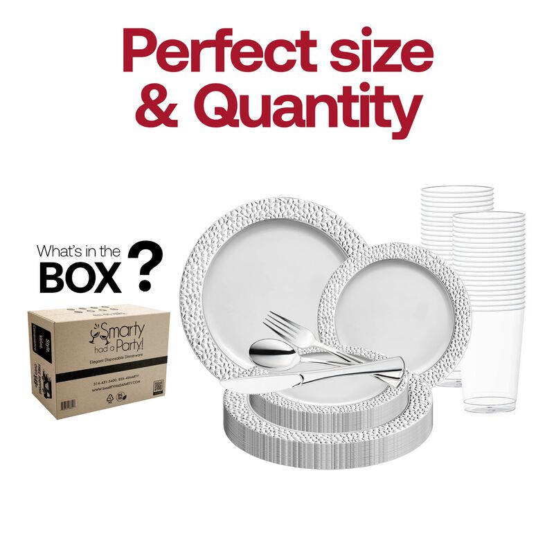 White with Silver Hammered Rim Round Plastic Wedding Value Set (30 Sets) image number 3