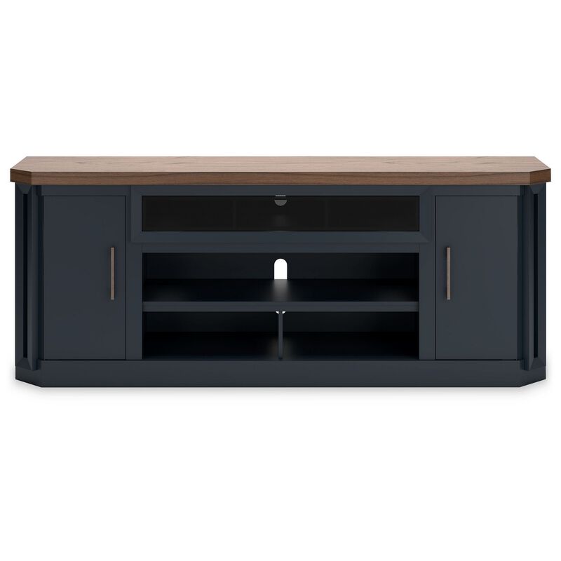 Docken TV Media Console, Open Fireplace Area, Blue Brown, 83 Inch - Benzara