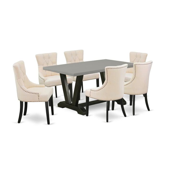 East West Furniture V696FR102-7 7-Pc Modern Dining Table Set - 6 Dining Room Chairs and 1 Modern Rectangular Cement Kitchen Table with Button Tufted Chair Back - Wire Brushed Black Finish