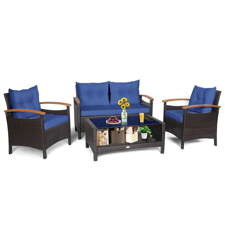 Mondawe 4 Pieces Patio Rattan Furniture Set with Cushioned Sofa and Storage Table