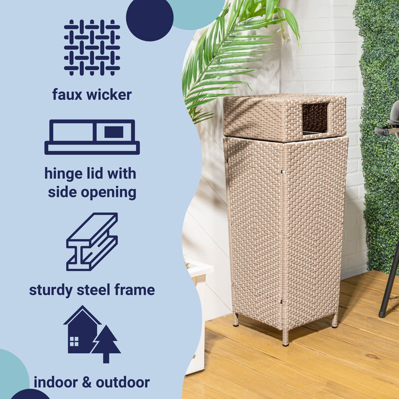 Keaton Modern All-Weather Wicker/Metal Lidded Hideaway Outdoor Trash Can