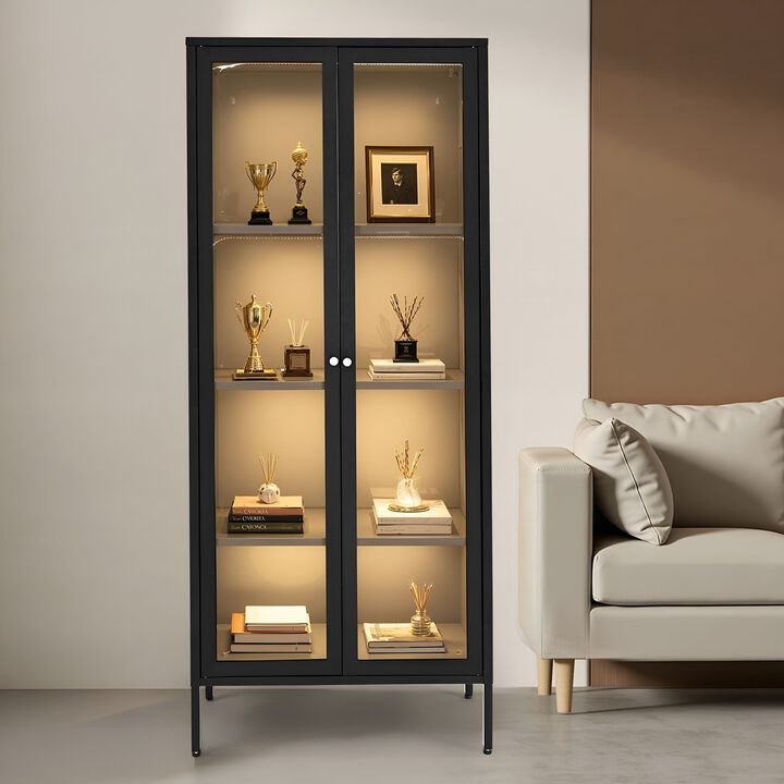 4-Tier Glass Door Display Cabinet with 3 Adjustable Shelves and LED Lighting for Home Display-Black