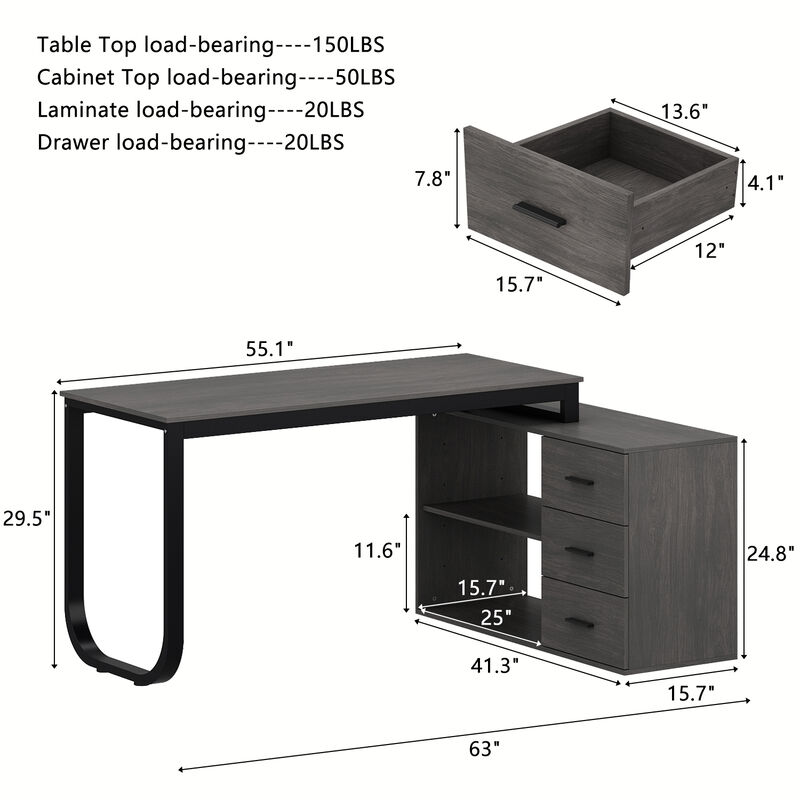 55.1 in. L-Shaped Gray Wood Writing Desk Corner Gaming Desk With 2-Tier Shelves and 3-Drawers Home Office Use