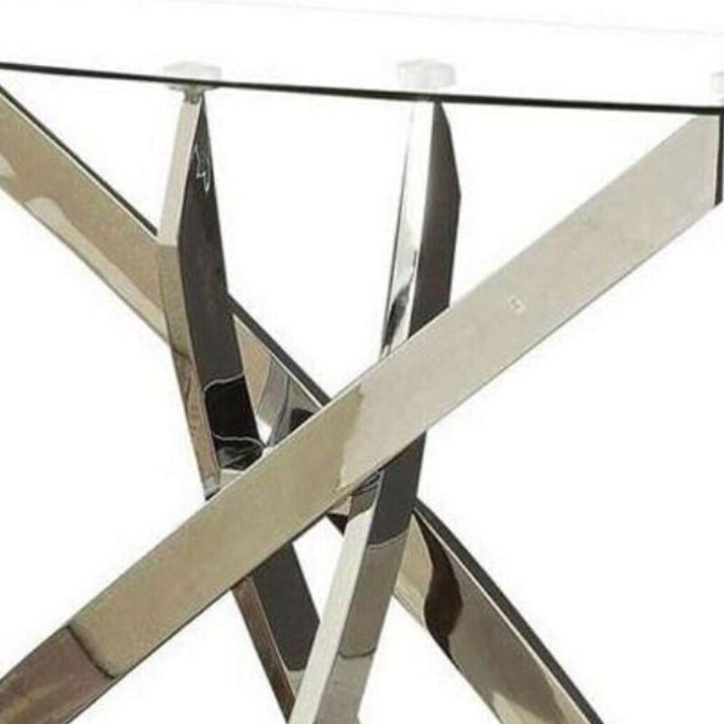 Rectangular Glass Top Sofa Table with Criss Cross Base, Silver and Clear