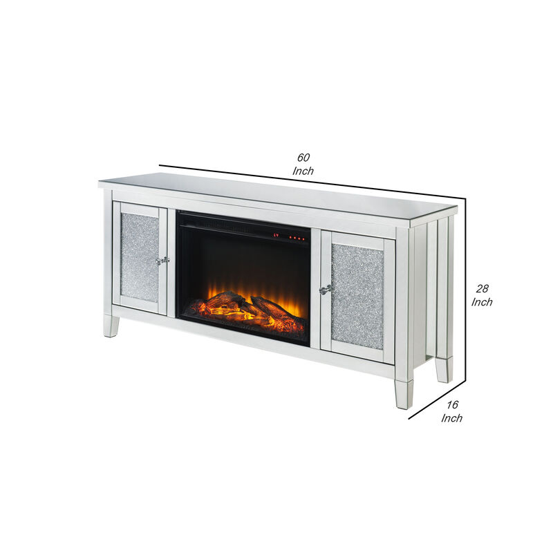 TV Stand with Electric Fireplace and Mirror Panel Framing, Silver
